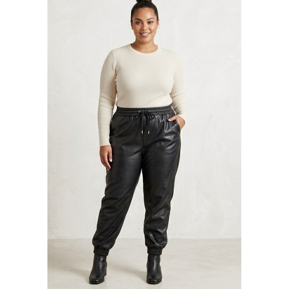Avec Les Filles Black Faux Leather Joggers Plus Size 1X Drawstring Elastic Waist
